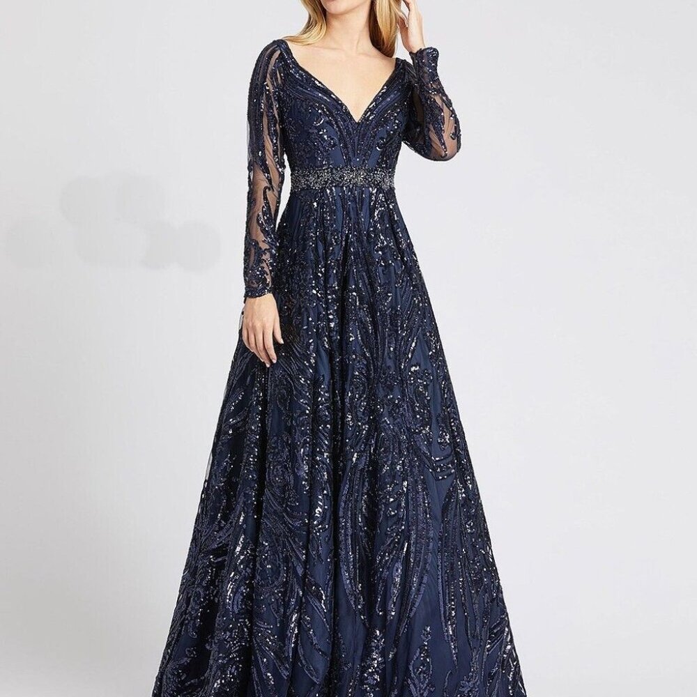 Mac Duggal Navy Beaded Long Sleeve V-Neck Gown